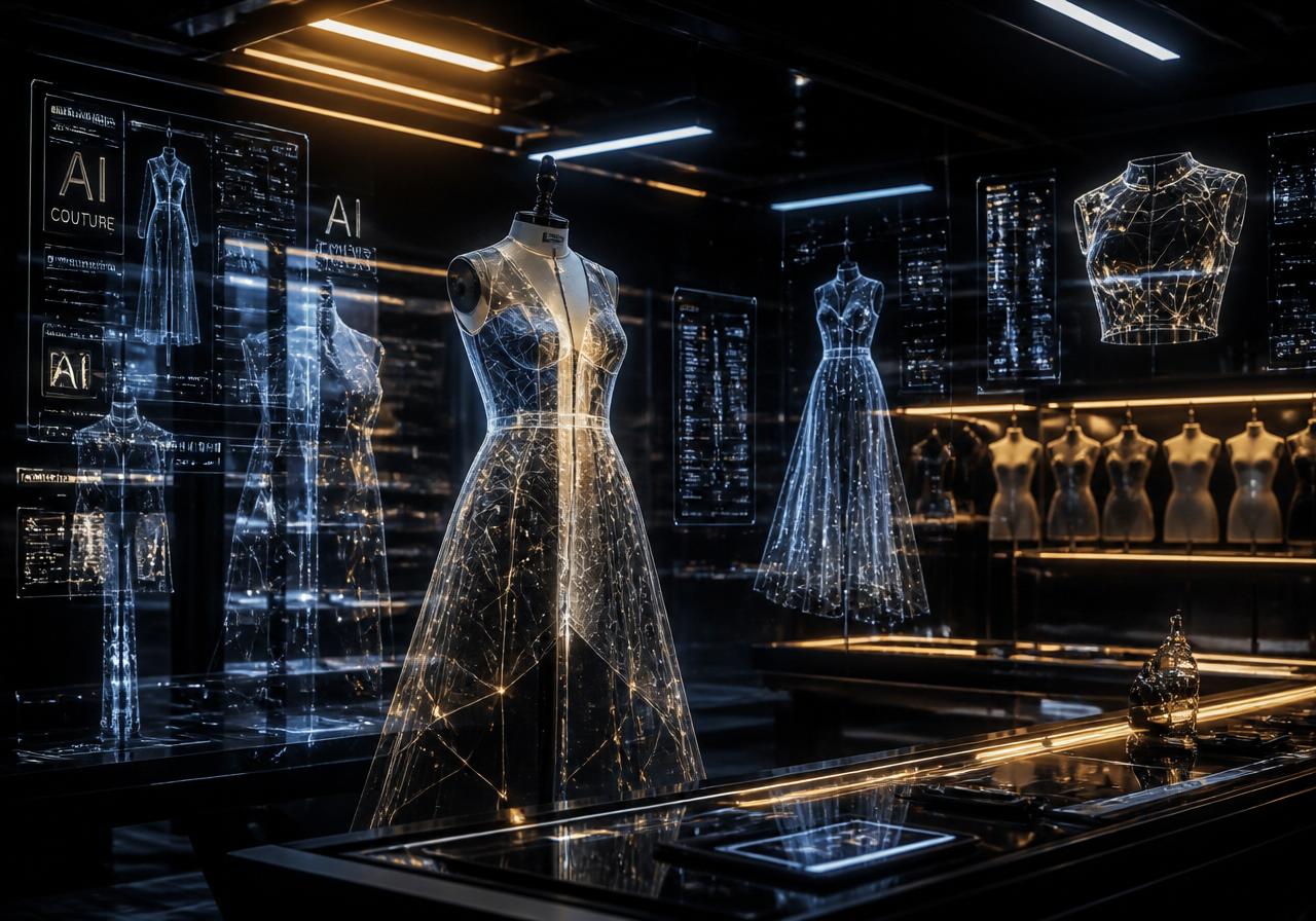 Futuristic AI atelier with holographic garment projections