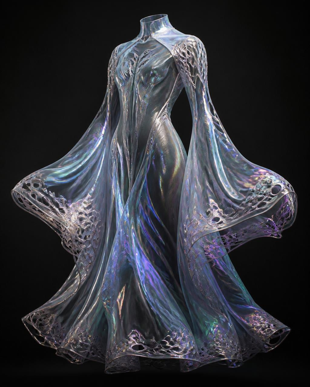 Futuristic iridescent couture garment on invisible form
